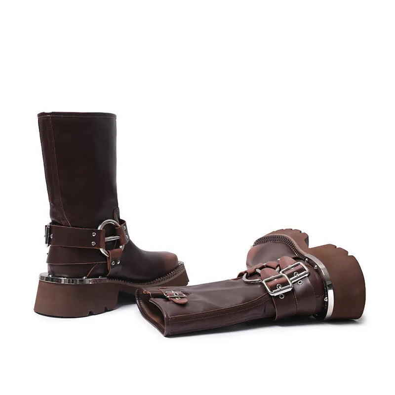 All-match Height Increasing, Brown Sleeve Western Denim Ankle Boots Alamode