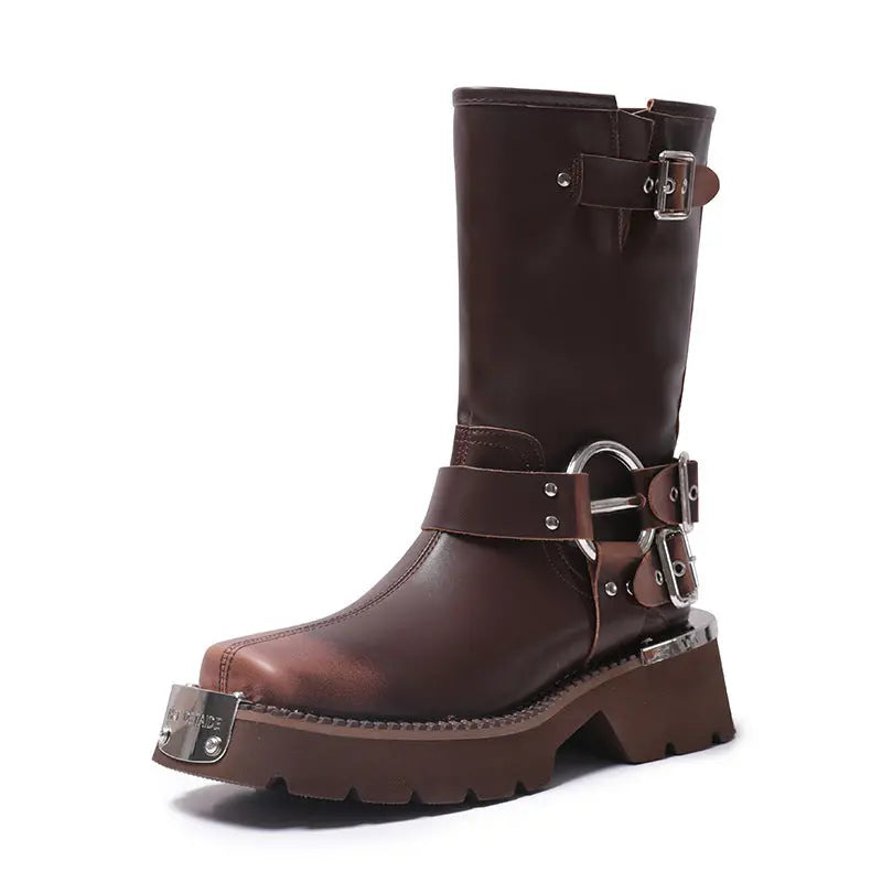 All-match Height Increasing, Brown Sleeve Western Denim Ankle Boots Alamode