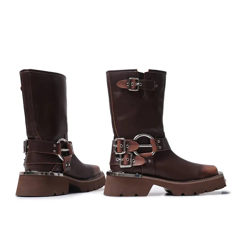 All-match Height Increasing, Brown Sleeve Western Denim Ankle Boots Alamode