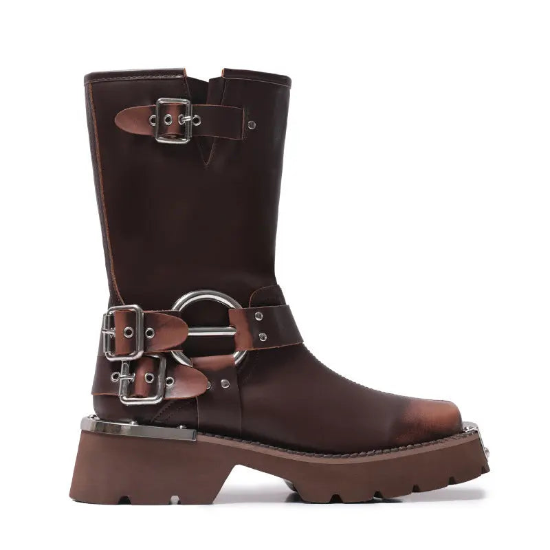 All-match Height Increasing, Brown Sleeve Western Denim Ankle Boots Alamode