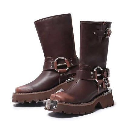 All-match Height Increasing, Brown Sleeve Western Denim Ankle Boots Alamode