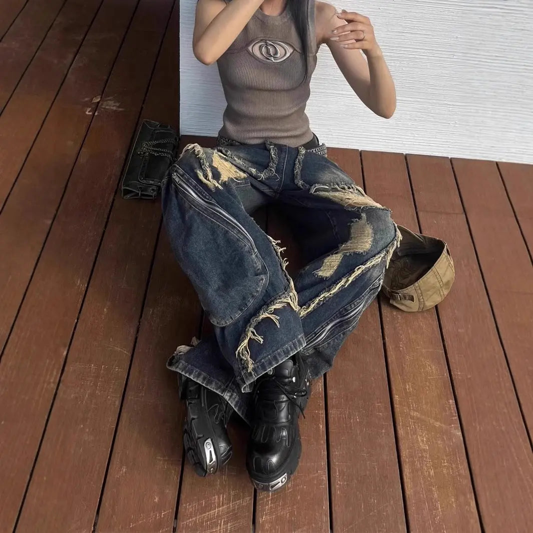 American High Street Design Ripped Jeans Spring And Autumn Retro Distressed Big Pocket Alamode