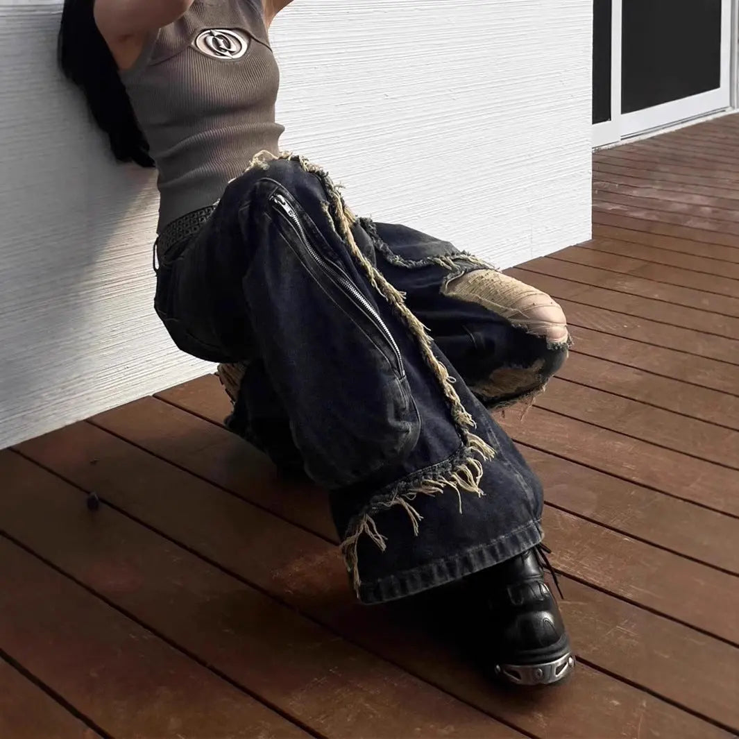 American High Street Design Ripped Jeans Spring And Autumn Retro Distressed Big Pocket Alamode