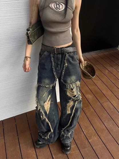 American High Street Design Ripped Jeans Spring And Autumn Retro Distressed Big Pocket Alamode