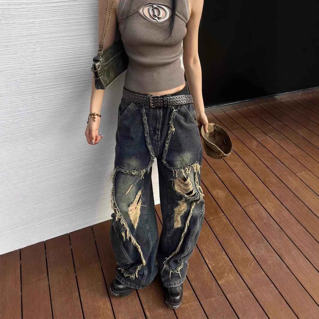 American High Street Design Ripped Jeans Spring And Autumn Retro Distressed Big Pocket Alamode