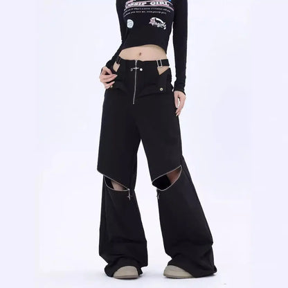 American Hot Girl Black Cargo Pants Female Y2g Harajuku Style High Street Zipper Design Sense Alamode