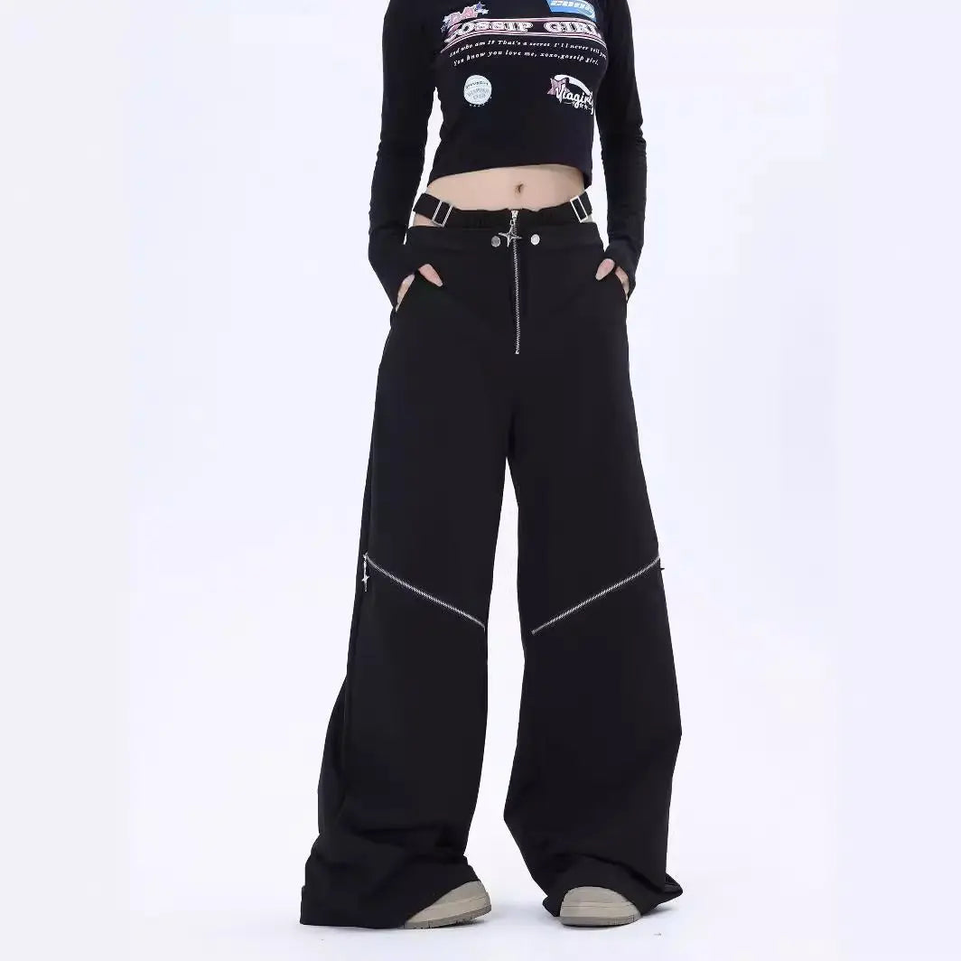 American Hot Girl Black Cargo Pants Female Y2g Harajuku Style High Street Zipper Design Sense Alamode