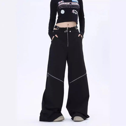 American Hot Girl Black Cargo Pants Female Y2g Harajuku Style High Street Zipper Design Sense Alamode