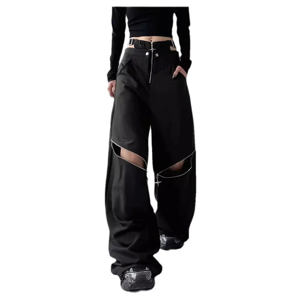 American Hot Girl Black Cargo Pants Female Y2g Harajuku Style High Street Zipper Design Sense Alamode