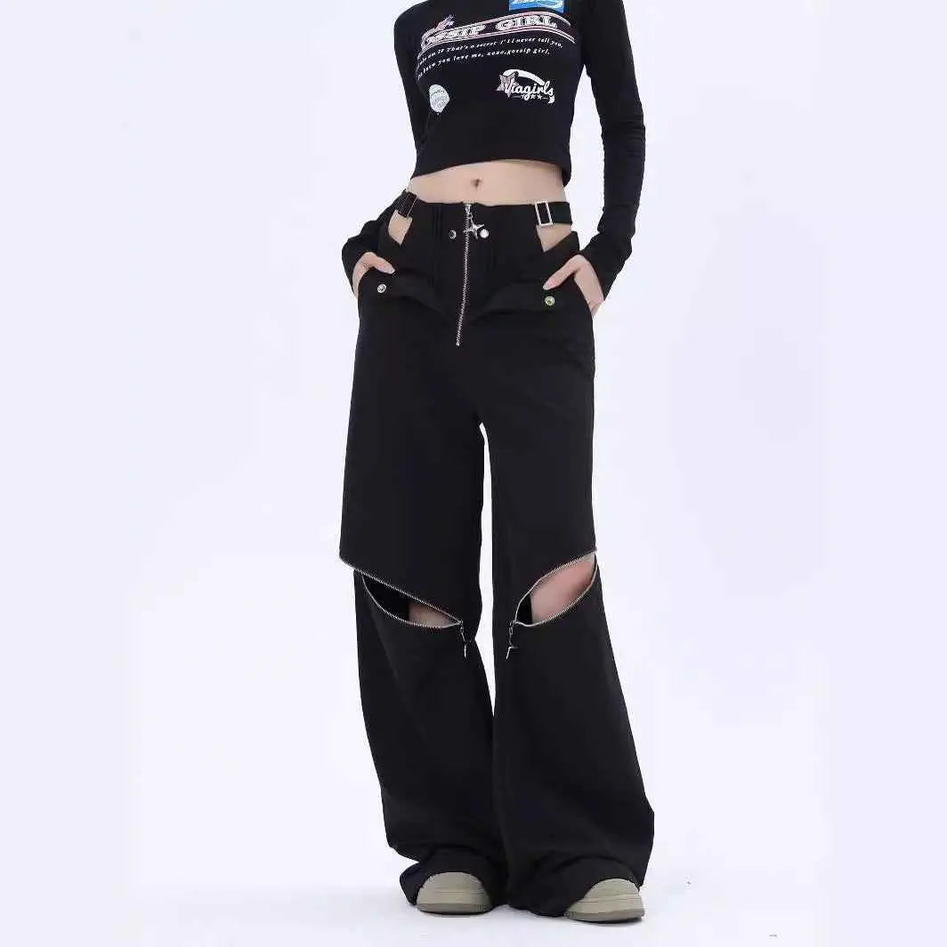 American Hot Girl Black Cargo Pants Female Y2g Harajuku Style High Street Zipper Design Sense Alamode