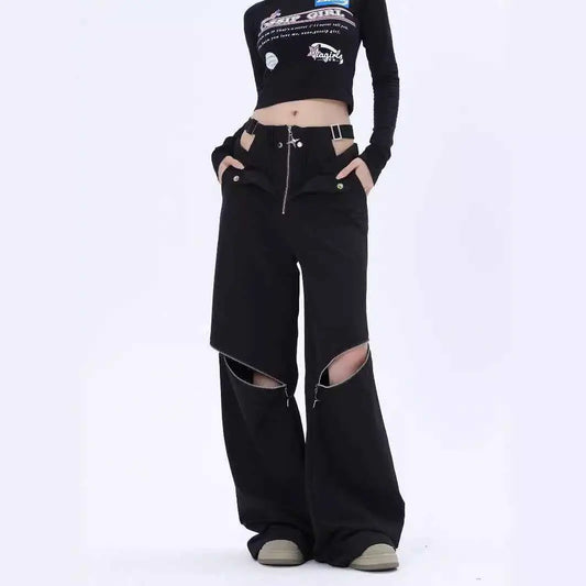 American Hot Girl Black Cargo Pants Female Y2g Harajuku Style High Street Zipper Design Sense Alamode