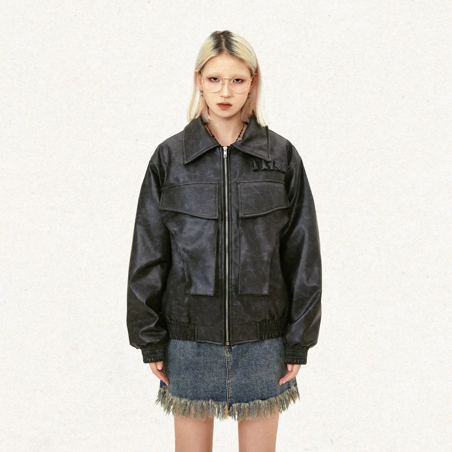 American Street Retro Large Pocket Lapels PU Leather Coat Alamode