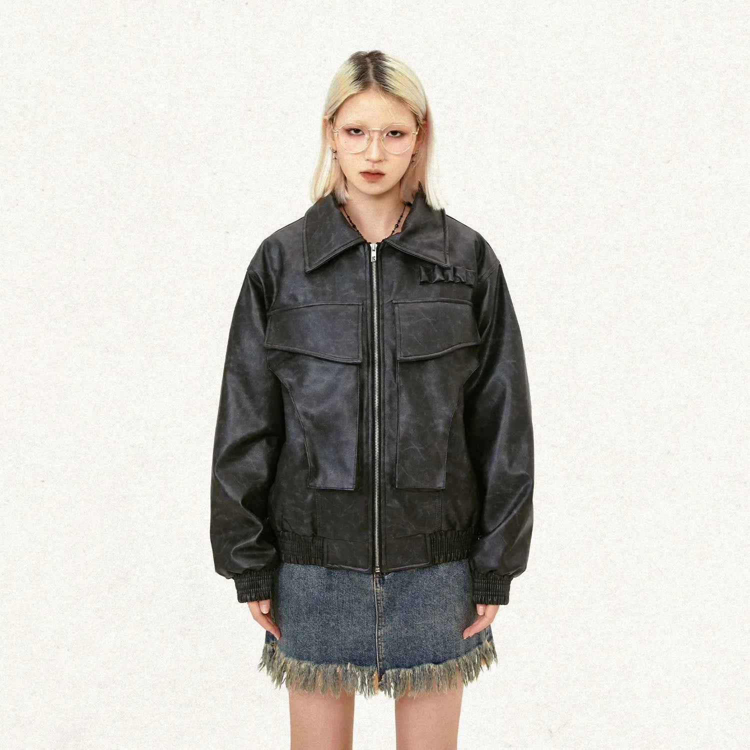 American Street Retro Large Pocket Lapels PU Leather Coat Alamode