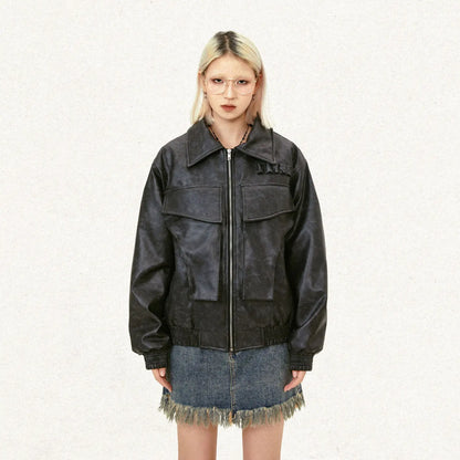 American Street Retro Large Pocket Lapels PU Leather Coat Alamode