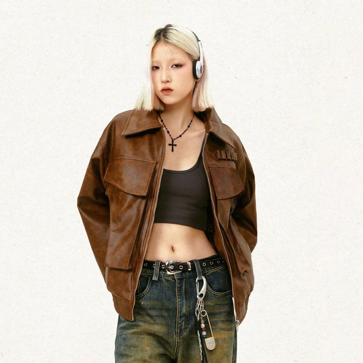 American Street Retro Large Pocket Lapels PU Leather Coat Alamode