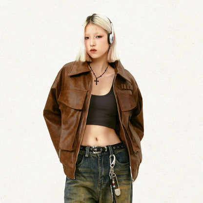 American Street Retro Large Pocket Lapels PU Leather Coat Alamode