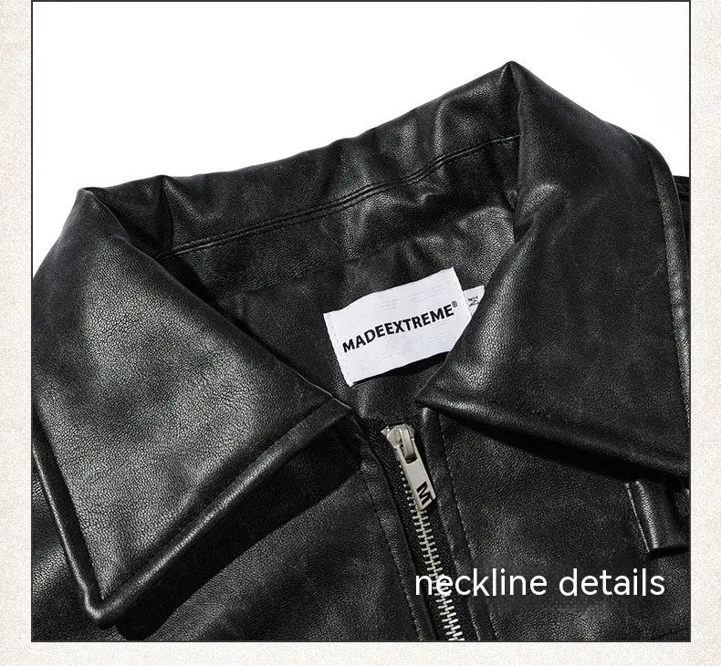 American Street Retro Large Pocket Lapels PU Leather Coat Alamode