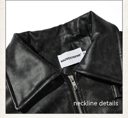 American Street Retro Large Pocket Lapels PU Leather Coat Alamode