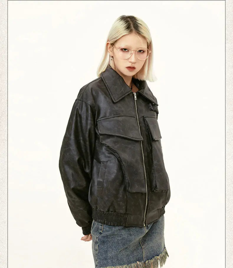 American Street Retro Large Pocket Lapels PU Leather Coat Alamode