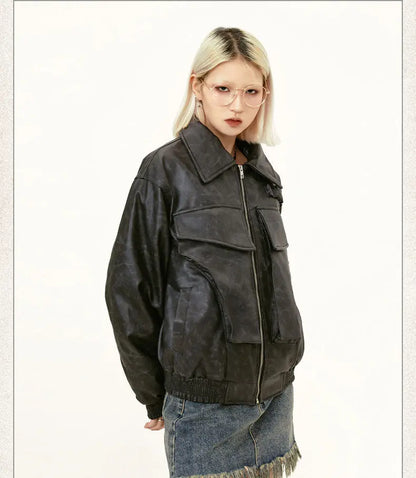 American Street Retro Large Pocket Lapels PU Leather Coat Alamode