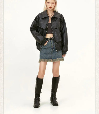 American Street Retro Large Pocket Lapels PU Leather Coat Alamode