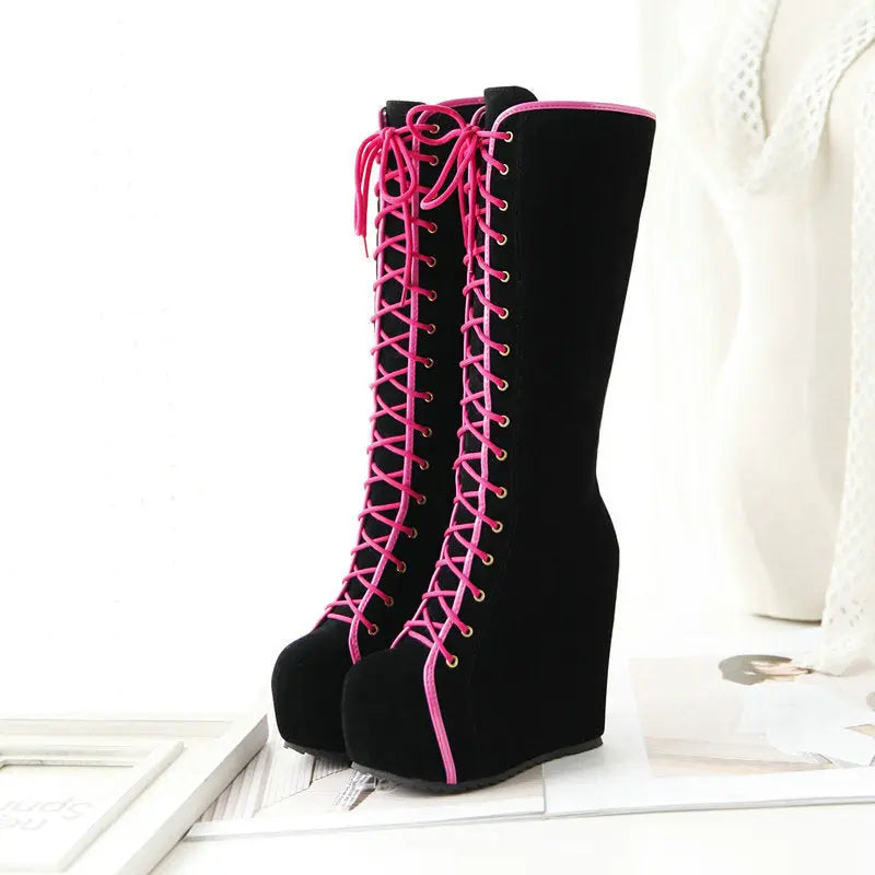 Autumn And Winter High Heel Wedge High Boots Black Thick Bottom Inner Height Buskin Alamode