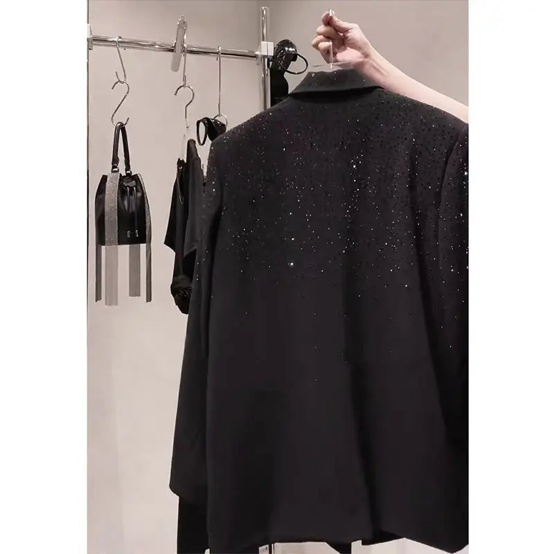 Black Niche Design Rhinestone Suit Jacket For Women Alamode