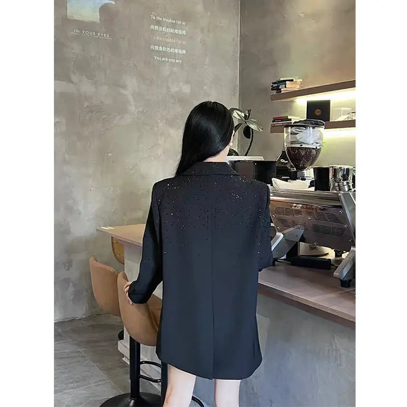 Black Niche Design Rhinestone Suit Jacket For Women Alamode