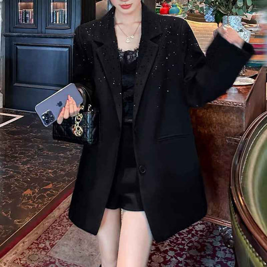 Black Niche Design Rhinestone Suit Jacket For Women Alamode