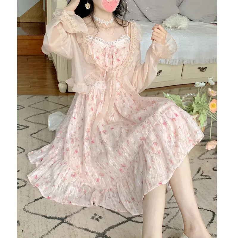 Chiffon Dark Pattern Panel Lace Print High Waist Slip Dress.