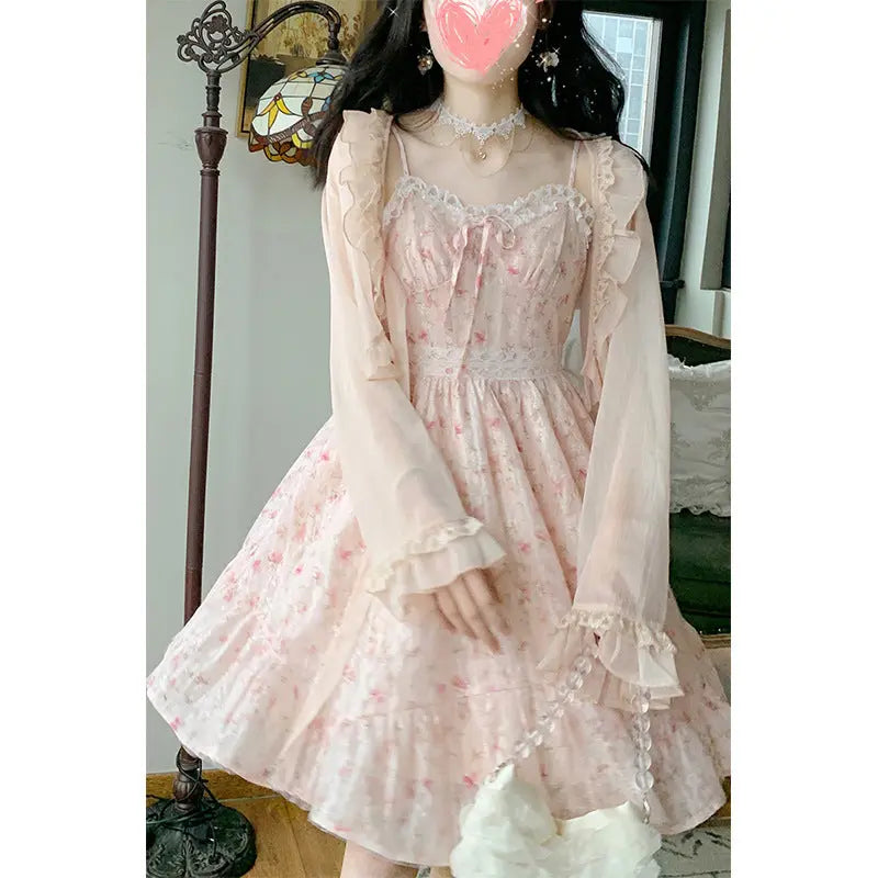 Chiffon Dark Pattern Panel Lace Print High Waist Slip Dress.