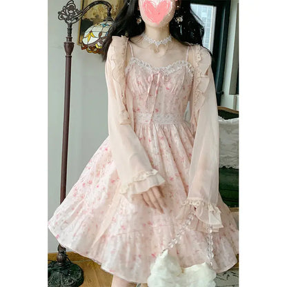 Chiffon Dark Pattern Panel Lace Print High Waist Slip Dress.