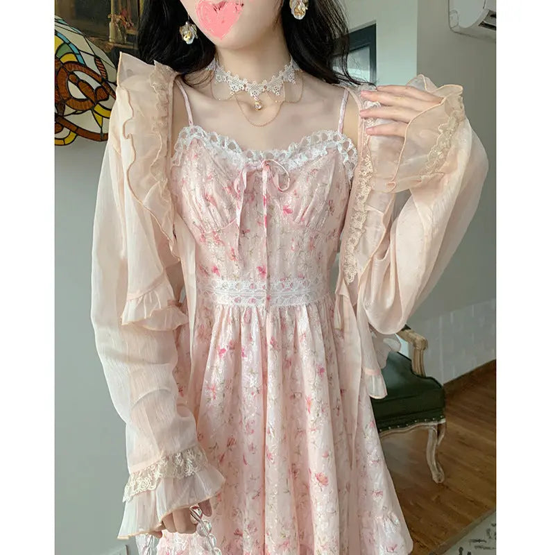 Chiffon Dark Pattern Panel Lace Print High Waist Slip Dress.