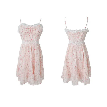 Chiffon Dark Pattern Panel Lace Print High Waist Slip Dress.