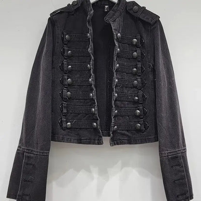 Classic Metal Rib Buckle Design Shoulder Strap Washed Denim Top Skirt Alamode