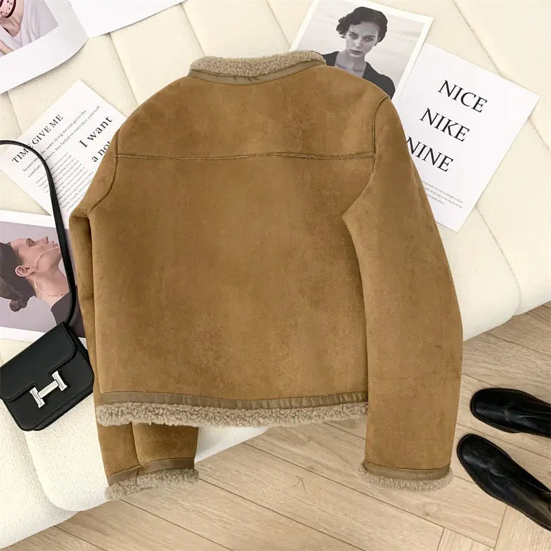 Classic Style Fur Single-breasted Crew Neck Coat Women.