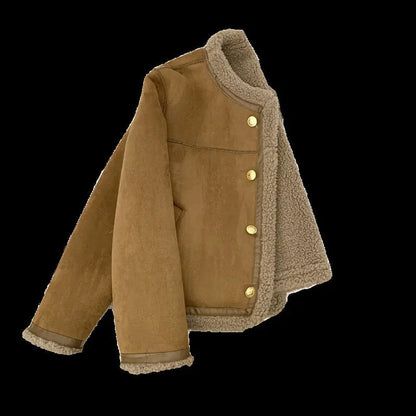 Classic Style Fur Single-breasted Crew Neck Coat Women.