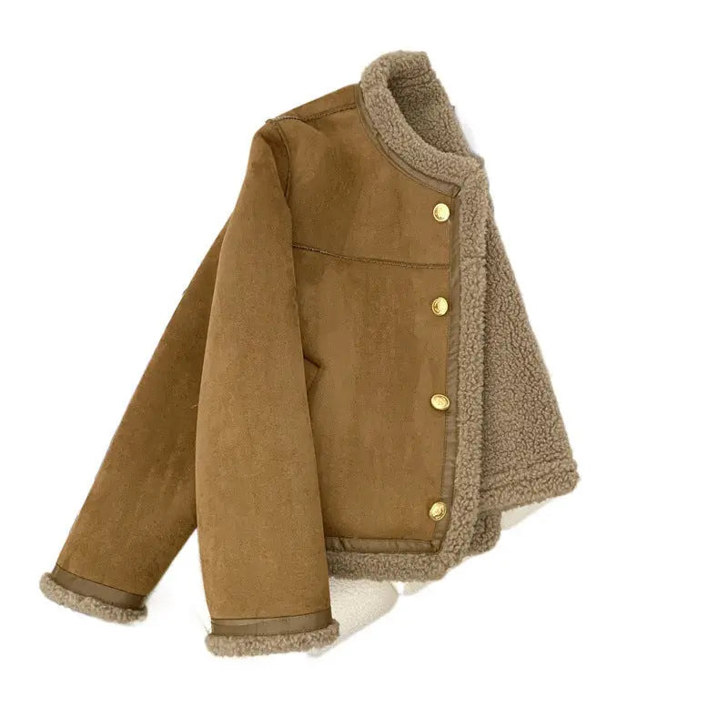 Classic Style Fur Single-breasted Crew Neck Coat Women.