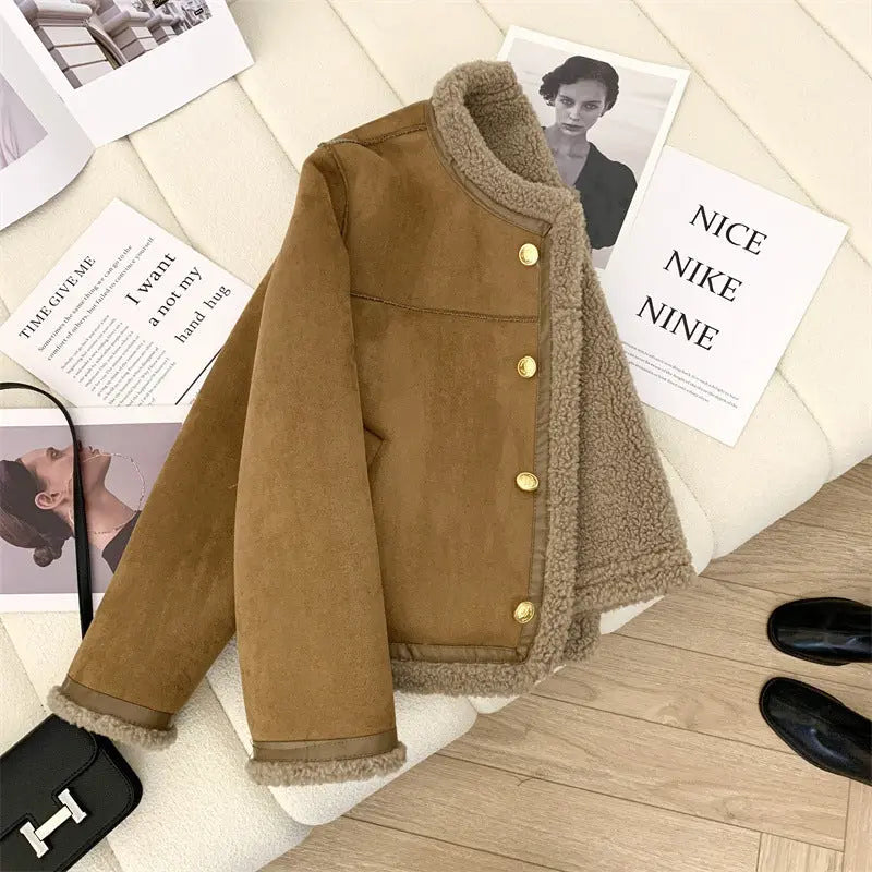 Classic Style Fur Single-breasted Crew Neck Coat Women.