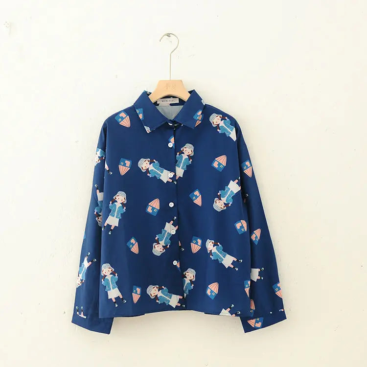 College Girl Print Dark Blue Chiffon Shirt.