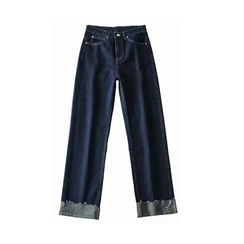 Dark Blue Curled Edge Top Line Loose And Thin Wide-leg Trouser - The elite ways