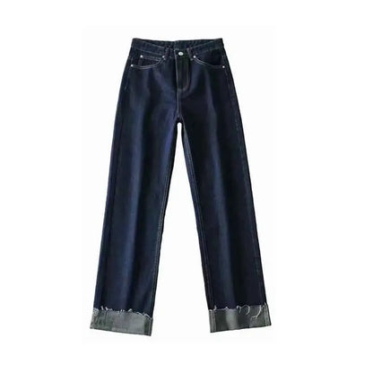 Dark Blue Curled Edge Top Line Loose And Thin Wide-leg Trouser - The elite ways