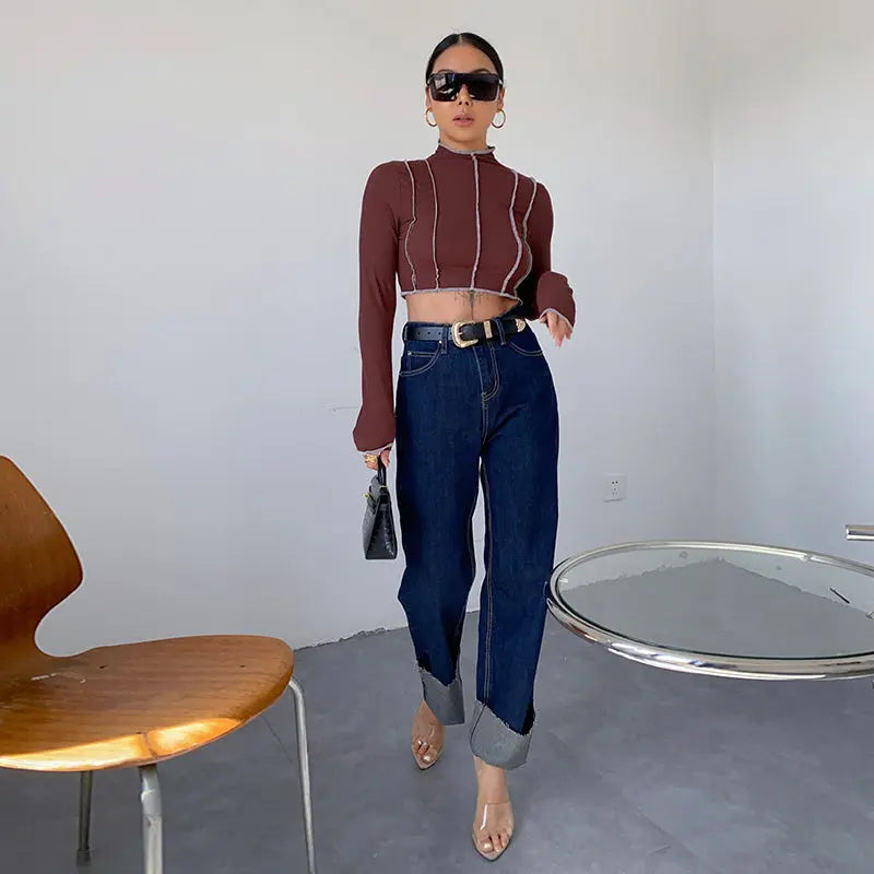 Dark Blue Curled Edge Top Line Loose And Thin Wide-leg Trouser.