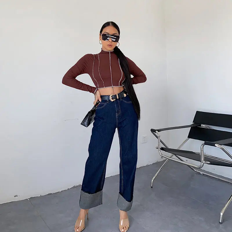 Dark Blue Curled Edge Top Line Loose And Thin Wide-leg Trouser.