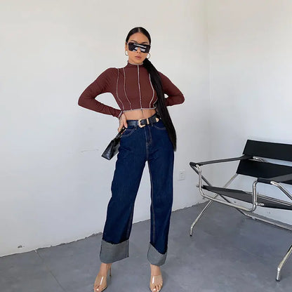 Dark Blue Curled Edge Top Line Loose And Thin Wide-leg Trouser.