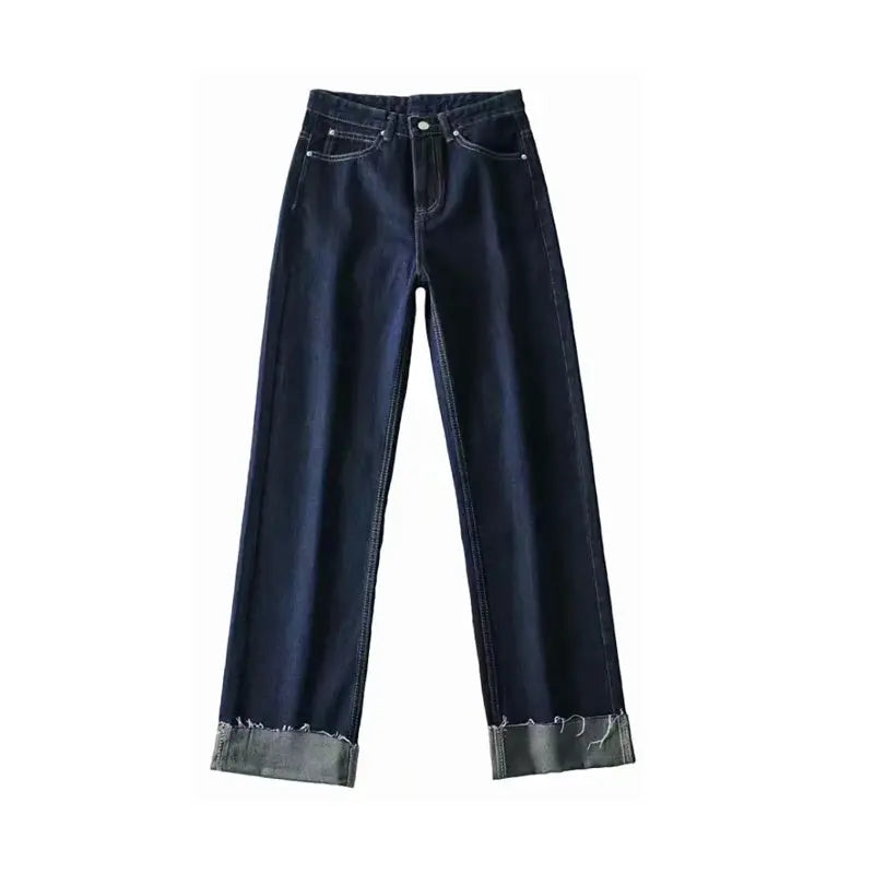 Dark Blue Curled Edge Top Line Loose And Thin Wide-leg Trouser.