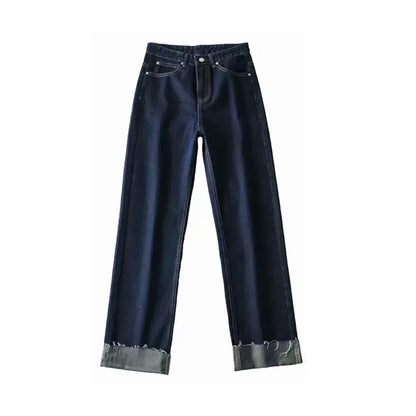 Dark Blue Curled Edge Top Line Loose And Thin Wide-leg Trouser.
