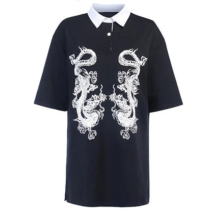 Dark Country Style Female Student Dragon Pattern T-shirt Female Polo Shirt.