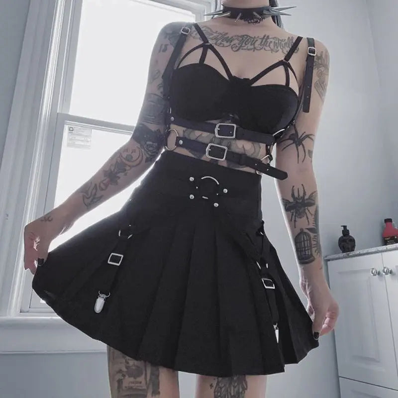 Dark Functional Wind Punk Girl Pleated Skirt High Waist Tooling Bf Cool Ring Skirt Skirt Trend.