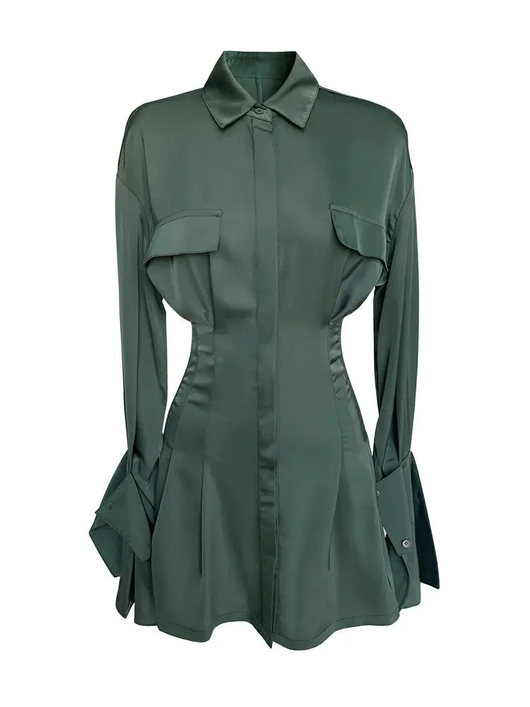 Dark Green Satin Shirt Dress Women's New Design Sense Niche Waist And Thin Temperament Long Skirt.